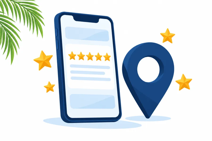 Illustration: a phone showing a five-star review next to a map pin and gold stars