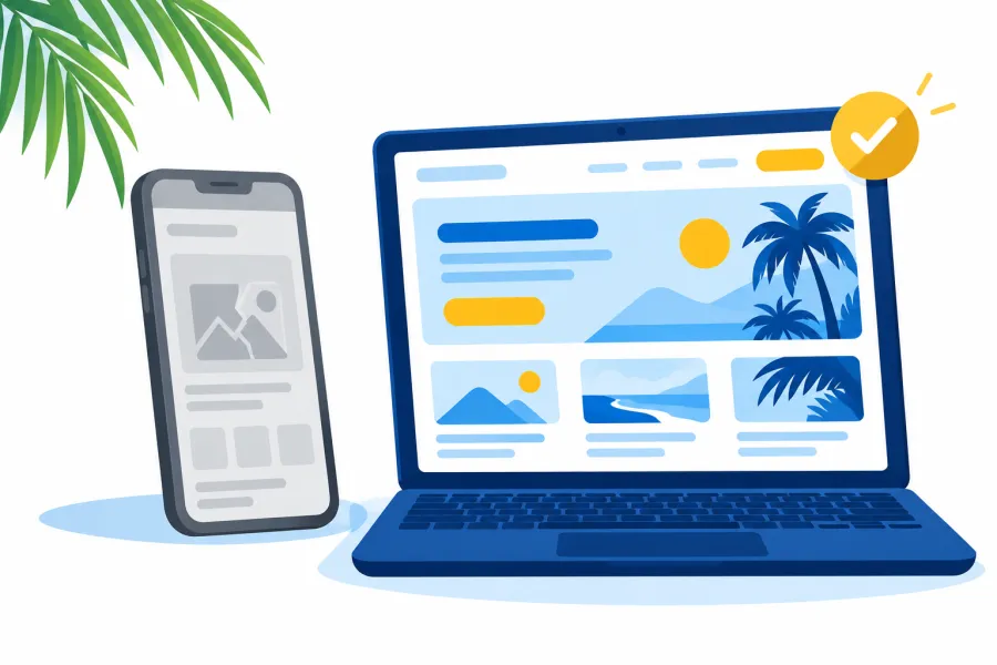 Illustration: a phone showing a broken, empty web page next to a laptop showing a polished one